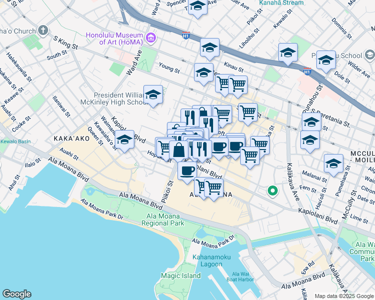 map of restaurants, bars, coffee shops, grocery stores, and more near 1228 Makaloa Street in Honolulu