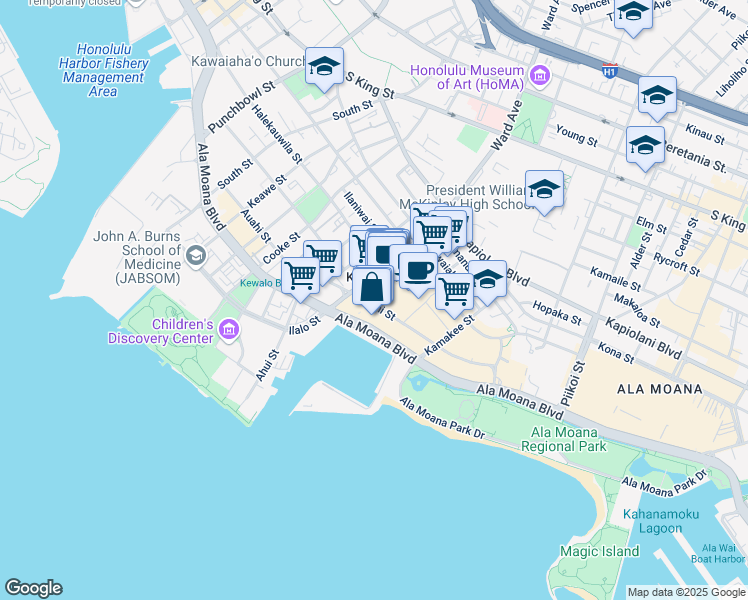 map of restaurants, bars, coffee shops, grocery stores, and more near 960 Auahi Street in Honolulu
