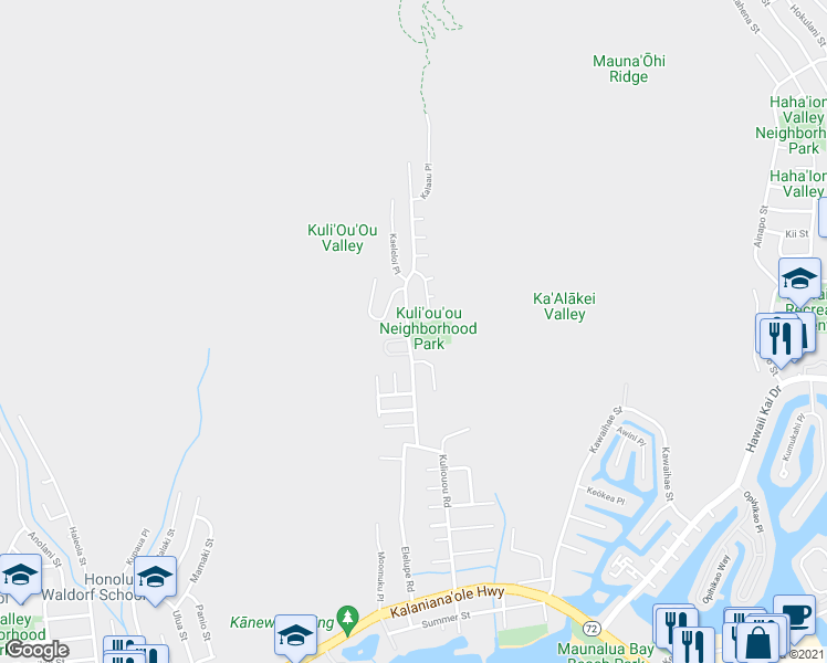 map of restaurants, bars, coffee shops, grocery stores, and more near 501 Kuliouou Road in Honolulu