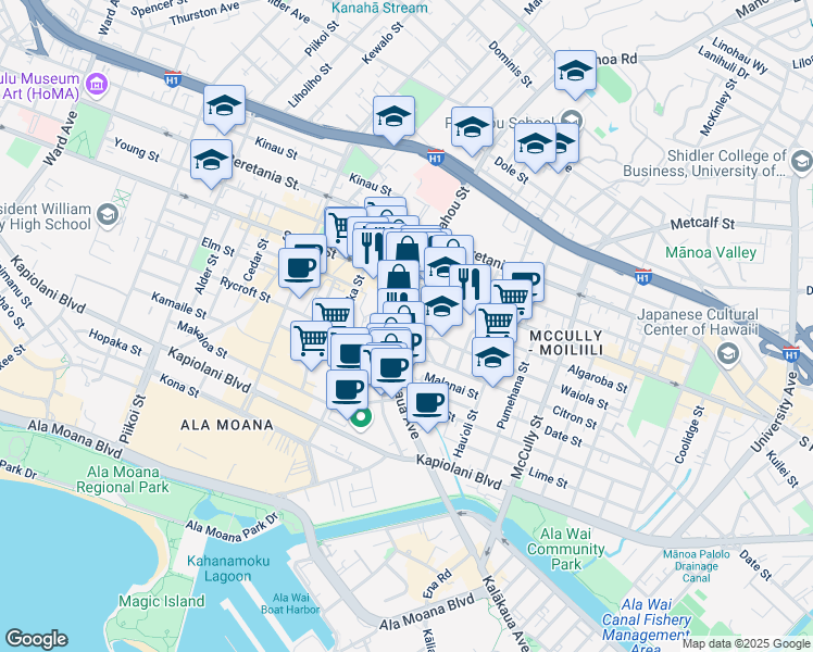 map of restaurants, bars, coffee shops, grocery stores, and more near 914 Punahou Street in Honolulu