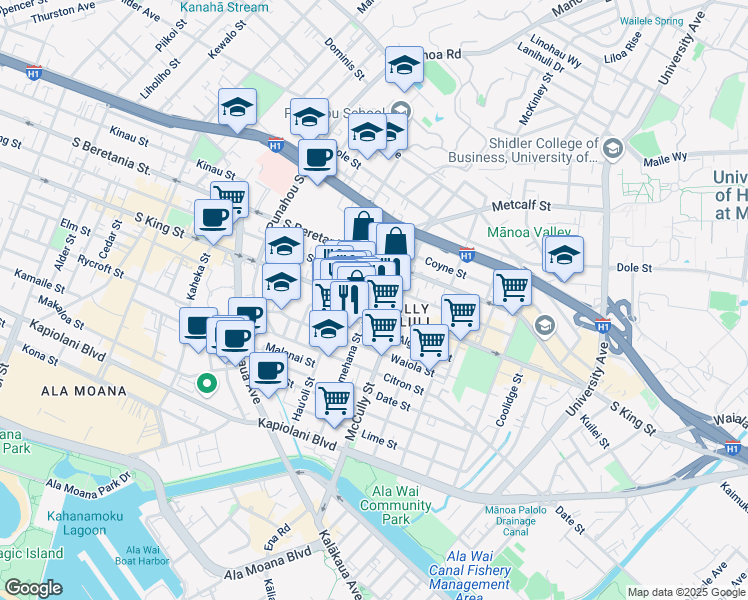 map of restaurants, bars, coffee shops, grocery stores, and more near 1926 South King Street in Honolulu