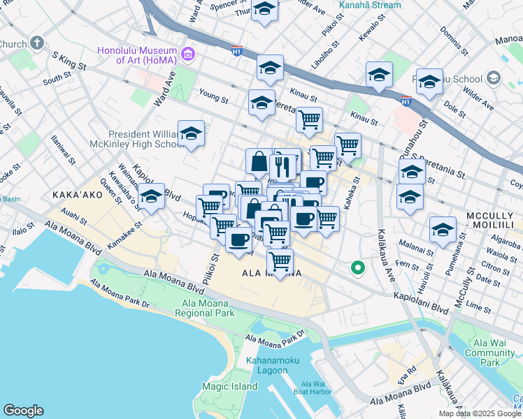map of restaurants, bars, coffee shops, grocery stores, and more near 701 Sheridan Street in Honolulu
