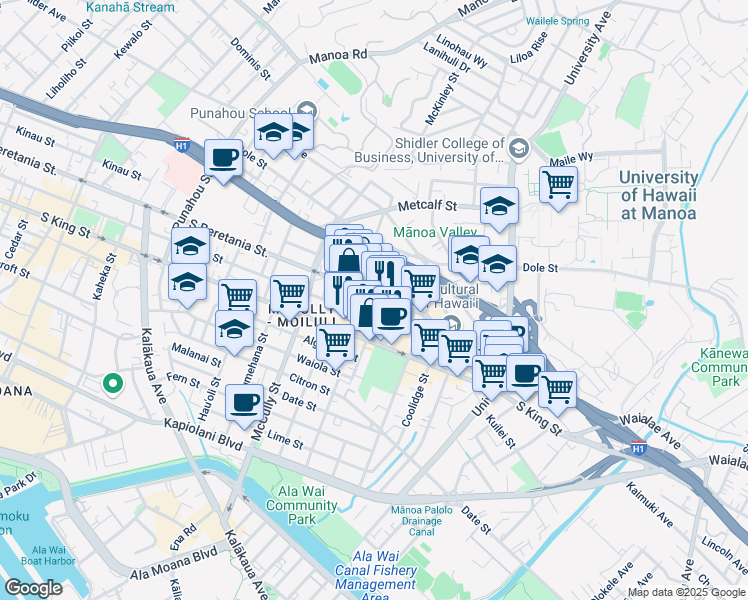 map of restaurants, bars, coffee shops, grocery stores, and more near 2131 South Beretania Street in Honolulu