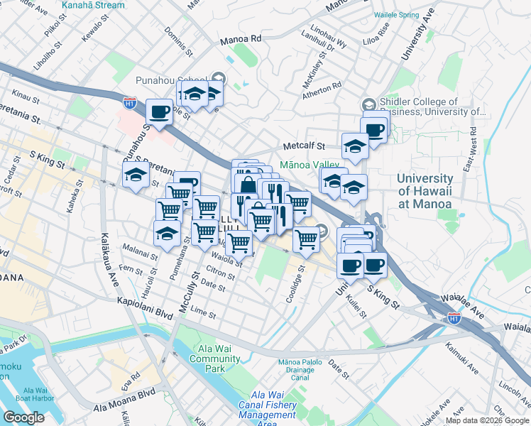 map of restaurants, bars, coffee shops, grocery stores, and more near 2131 South Beretania Street in Honolulu