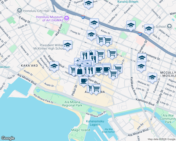 map of restaurants, bars, coffee shops, grocery stores, and more near 1228 Makaloa Street in Honolulu