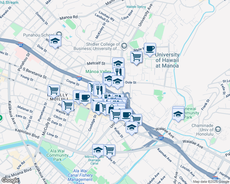 map of restaurants, bars, coffee shops, grocery stores, and more near 1410 Mahi Place in Honolulu