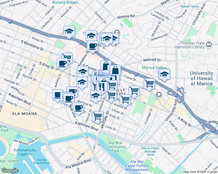 map of restaurants, bars, coffee shops, grocery stores, and more near 1926 South King Street in Honolulu
