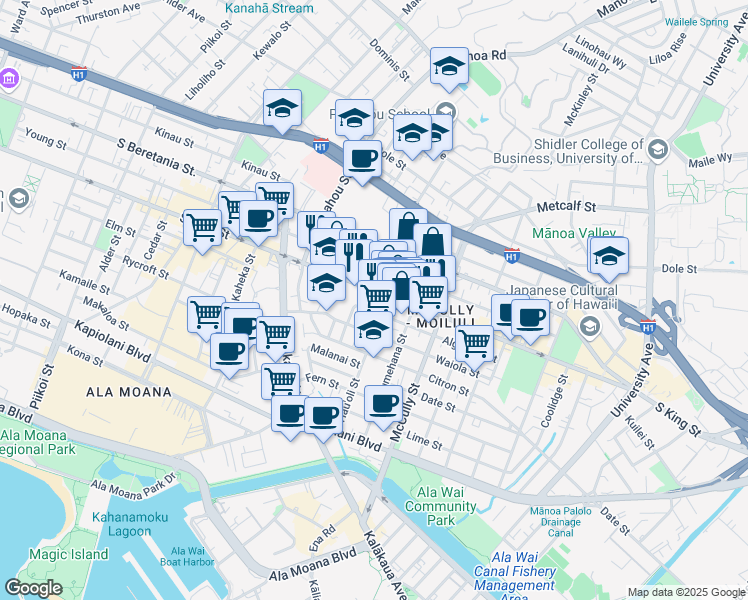map of restaurants, bars, coffee shops, grocery stores, and more near 1773 South King Street in Honolulu