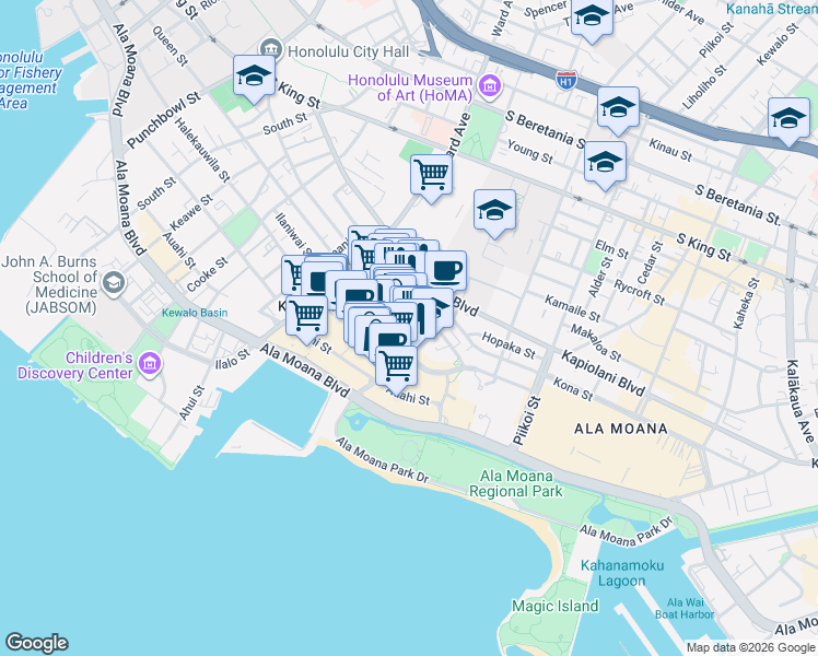 map of restaurants, bars, coffee shops, grocery stores, and more near 1034 Queen Street in Honolulu