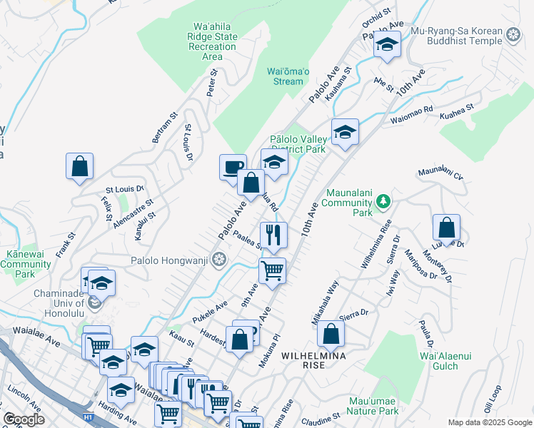 map of restaurants, bars, coffee shops, grocery stores, and more near 1859A Mahana Street in Honolulu