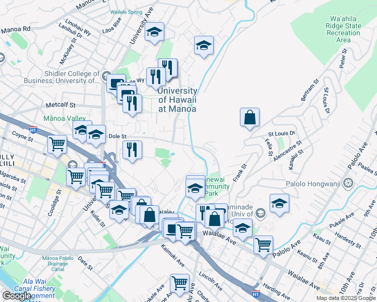 map of restaurants, bars, coffee shops, grocery stores, and more near 2569 Dole Street in Honolulu