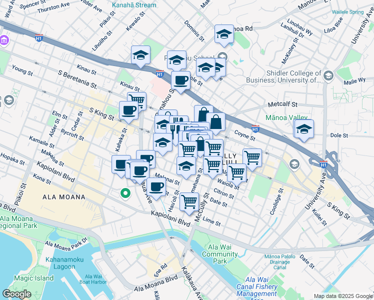 map of restaurants, bars, coffee shops, grocery stores, and more near 1773 South King Street in Honolulu