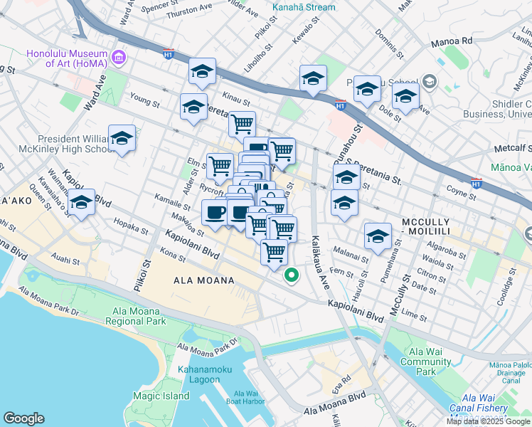 map of restaurants, bars, coffee shops, grocery stores, and more near 1525 Rycroft Street in Honolulu