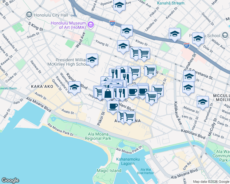 map of restaurants, bars, coffee shops, grocery stores, and more near 1228 Makaloa Street in Honolulu