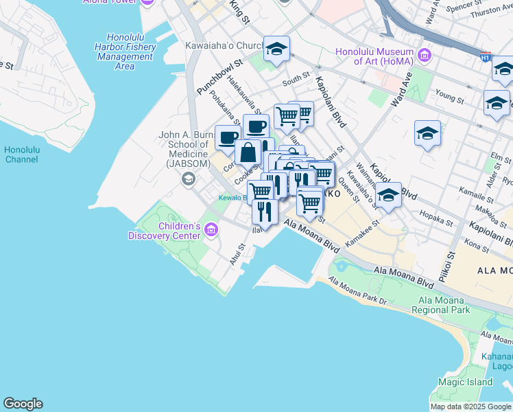 map of restaurants, bars, coffee shops, grocery stores, and more near 914 Ala Moana Boulevard in Honolulu