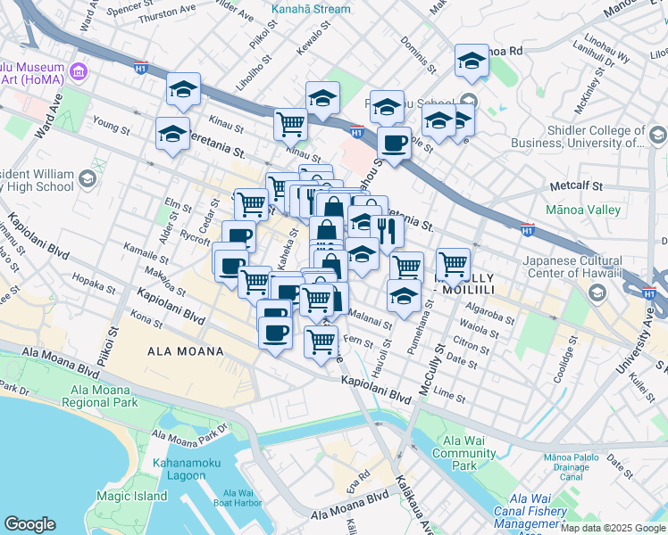 map of restaurants, bars, coffee shops, grocery stores, and more near 920 Punahou Street in Honolulu