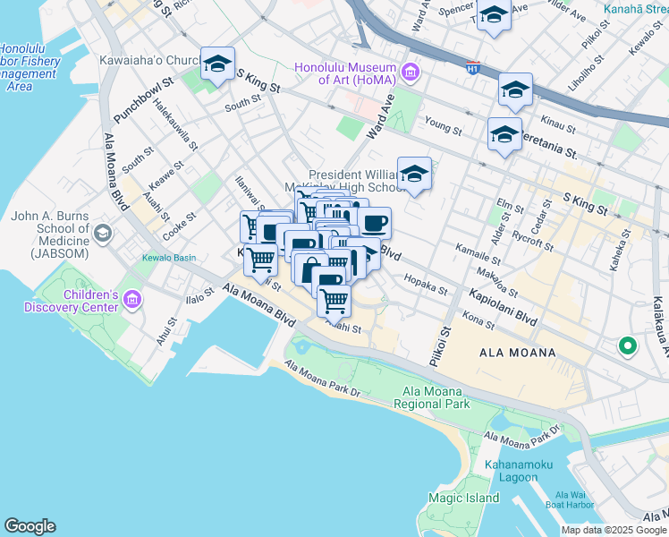map of restaurants, bars, coffee shops, grocery stores, and more near 1034 Queen Street in Honolulu