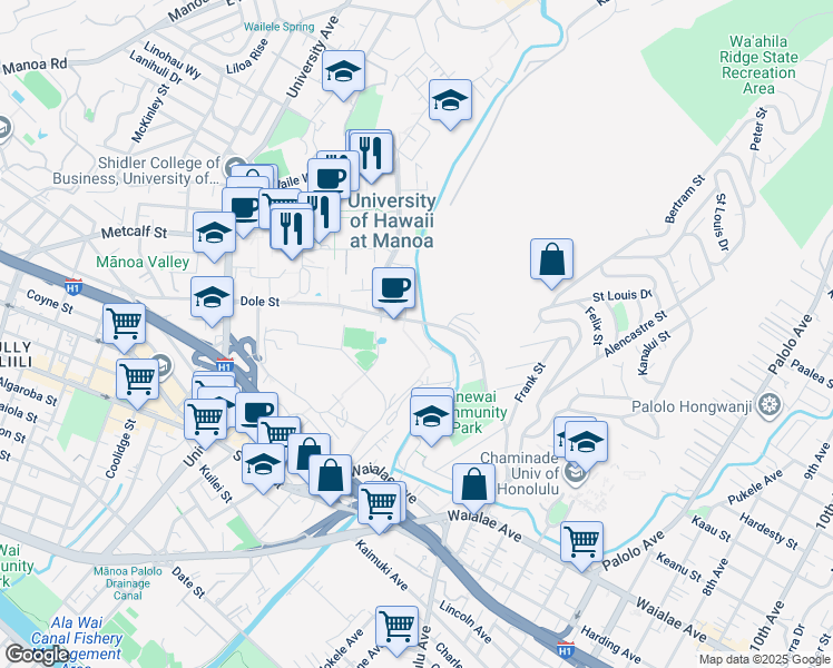 map of restaurants, bars, coffee shops, grocery stores, and more near 2569 Dole Street in Honolulu