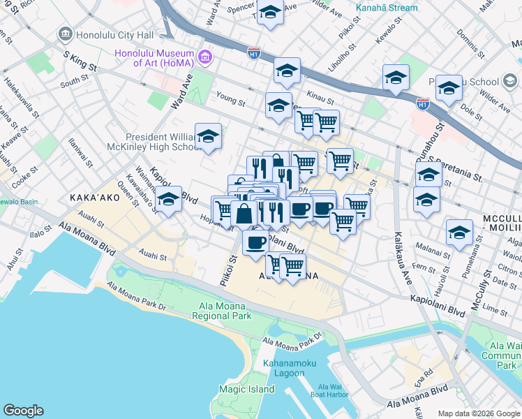 map of restaurants, bars, coffee shops, grocery stores, and more near 1228 Makaloa Street in Honolulu