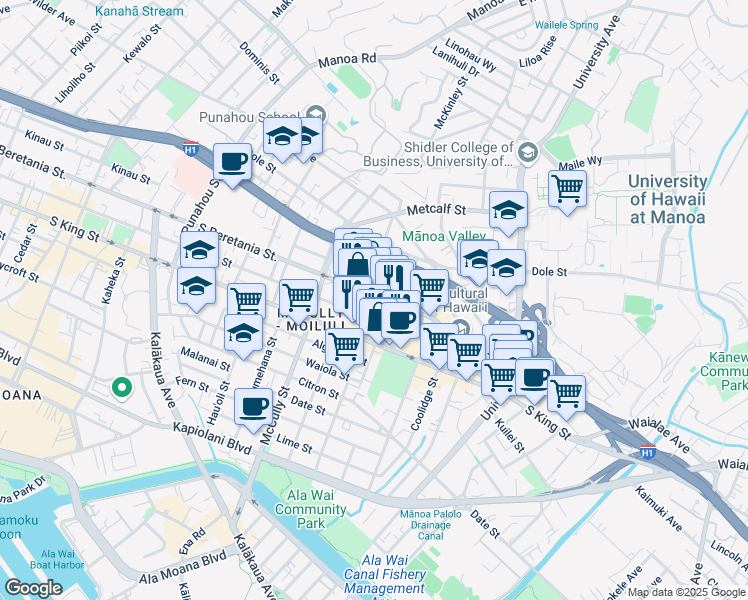 map of restaurants, bars, coffee shops, grocery stores, and more near 2131 South Beretania Street in Honolulu