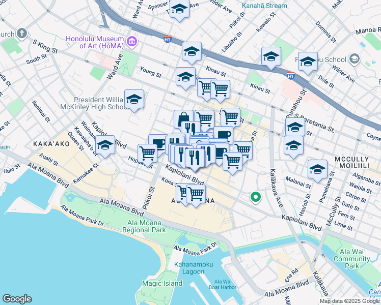 map of restaurants, bars, coffee shops, grocery stores, and more near 2036 Kamaile Street in Honolulu