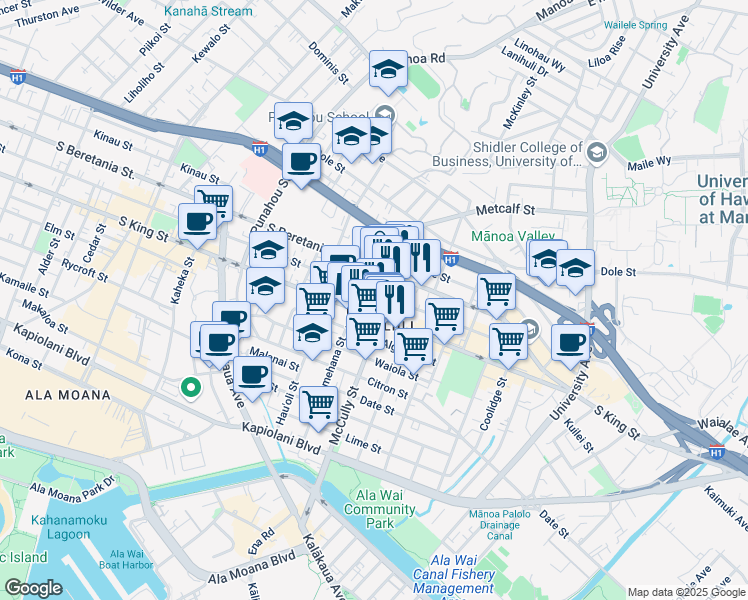 map of restaurants, bars, coffee shops, grocery stores, and more near 1955 Young Street in Honolulu