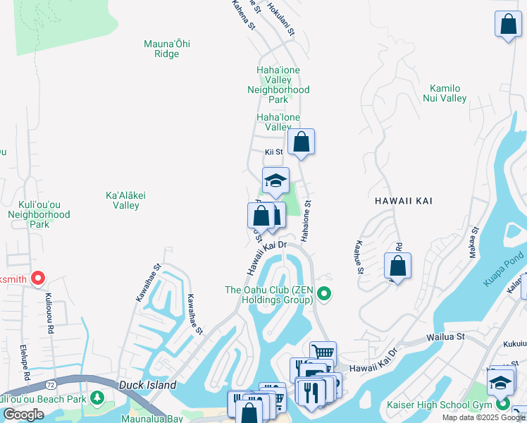 map of restaurants, bars, coffee shops, grocery stores, and more near 595 Pepeekeo Street in Honolulu