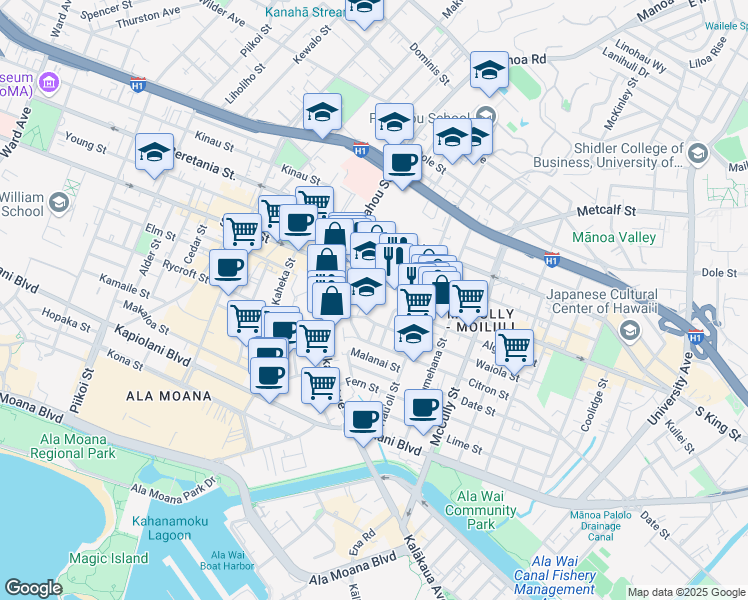 map of restaurants, bars, coffee shops, grocery stores, and more near 1633 South King Street in Honolulu