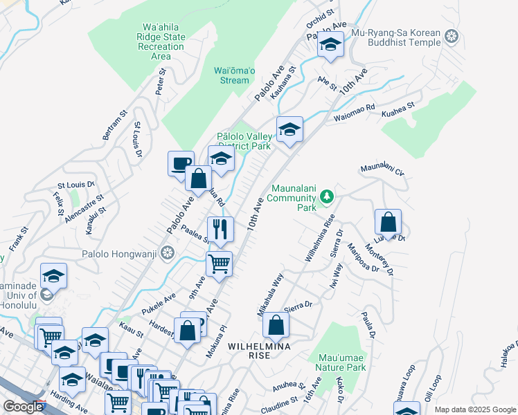 map of restaurants, bars, coffee shops, grocery stores, and more near 1953B 10th Avenue in Honolulu