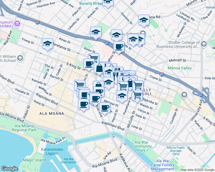 map of restaurants, bars, coffee shops, grocery stores, and more near 1633 South King Street in Honolulu