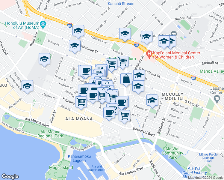 map of restaurants, bars, coffee shops, grocery stores, and more near in Honolulu