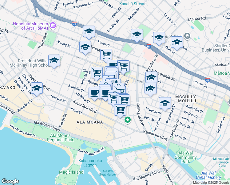 map of restaurants, bars, coffee shops, grocery stores, and more near 1525 Rycroft Street in Honolulu
