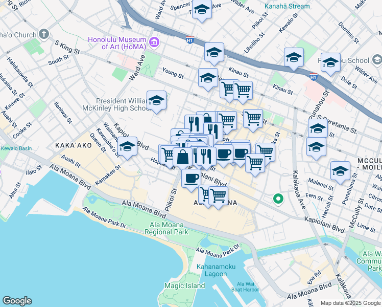 map of restaurants, bars, coffee shops, grocery stores, and more near 1228 Makaloa Street in Honolulu