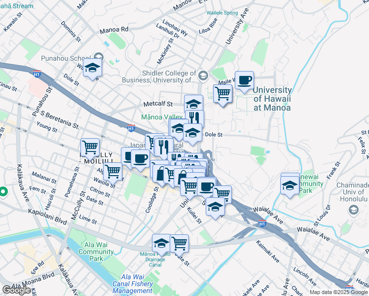 map of restaurants, bars, coffee shops, grocery stores, and more near 1410 Mahi Place in Honolulu
