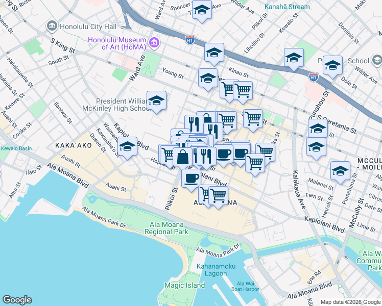 map of restaurants, bars, coffee shops, grocery stores, and more near 1228 Makaloa Street in Honolulu