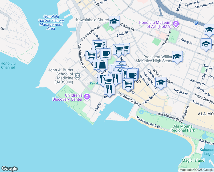 map of restaurants, bars, coffee shops, grocery stores, and more near 888 Ala Moana Boulevard in Honolulu