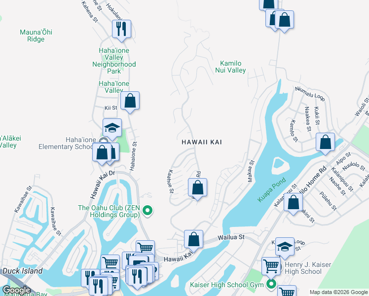 map of restaurants, bars, coffee shops, grocery stores, and more near 988 Kaahue Street in Honolulu