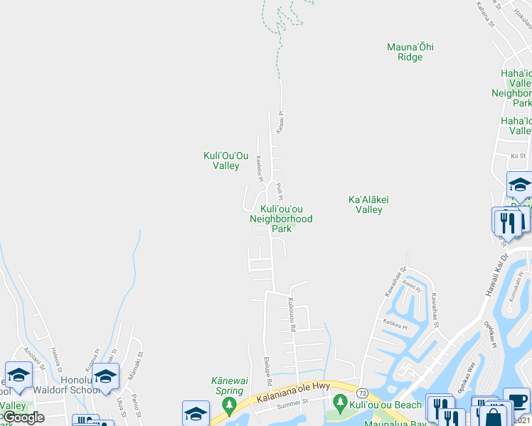 map of restaurants, bars, coffee shops, grocery stores, and more near 501 Kuliouou Road in Honolulu