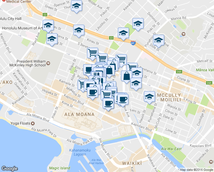 map of restaurants, bars, coffee shops, grocery stores, and more near in Honolulu