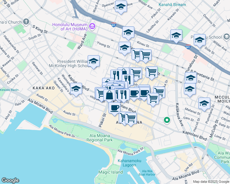 map of restaurants, bars, coffee shops, grocery stores, and more near 1228 Makaloa Street in Honolulu