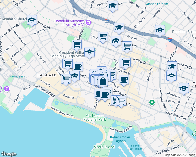 map of restaurants, bars, coffee shops, grocery stores, and more near 1250 Kapiolani Boulevard in Honolulu