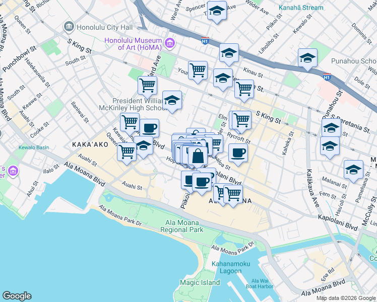 map of restaurants, bars, coffee shops, grocery stores, and more near 1250 Kapiolani Boulevard in Honolulu
