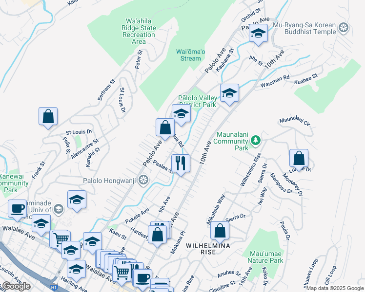 map of restaurants, bars, coffee shops, grocery stores, and more near Kalua Road in Honolulu