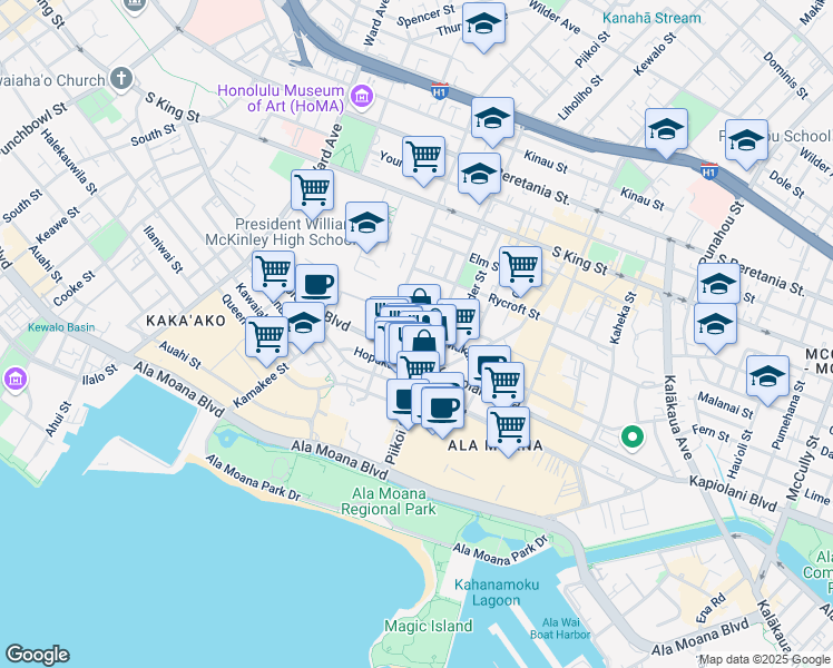 map of restaurants, bars, coffee shops, grocery stores, and more near 1250 Kapiolani Boulevard in Honolulu