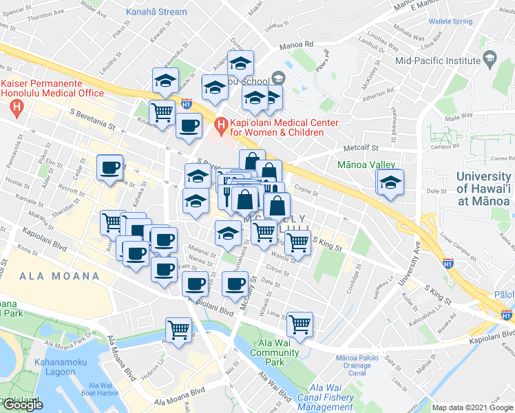 map of restaurants, bars, coffee shops, grocery stores, and more near 1914 South King Street in Honolulu