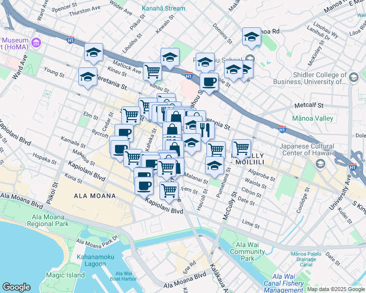 map of restaurants, bars, coffee shops, grocery stores, and more near 914 Punahou Street in Honolulu