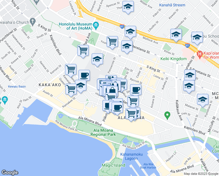 map of restaurants, bars, coffee shops, grocery stores, and more near 1288 Kapiolani Boulevard in Honolulu