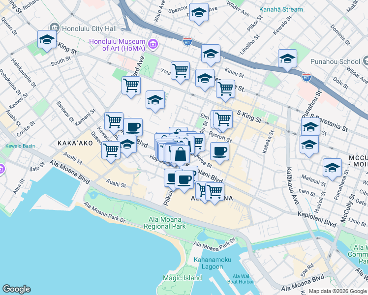 map of restaurants, bars, coffee shops, grocery stores, and more near 1296 Kapiolani Boulevard in Honolulu