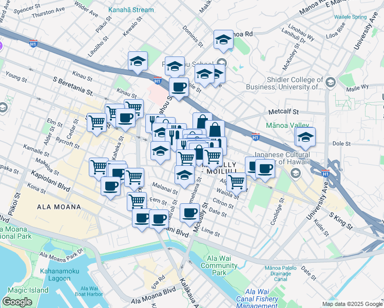 map of restaurants, bars, coffee shops, grocery stores, and more near 1773 South King Street in Honolulu