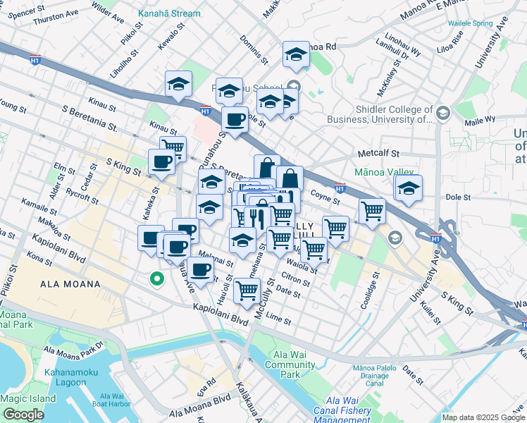 map of restaurants, bars, coffee shops, grocery stores, and more near 1012 Artesian Street in Honolulu